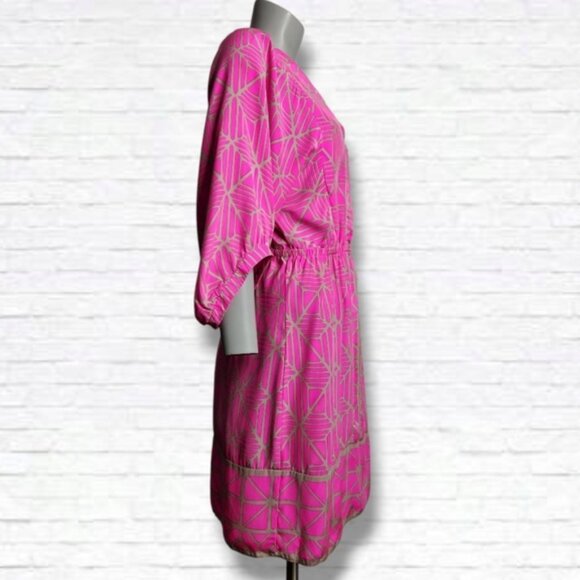 Alice Trixie Hot Pink With Gold Geo Print Silk V Neck Tunic Mini Dress Size S - Picture 7 of 12